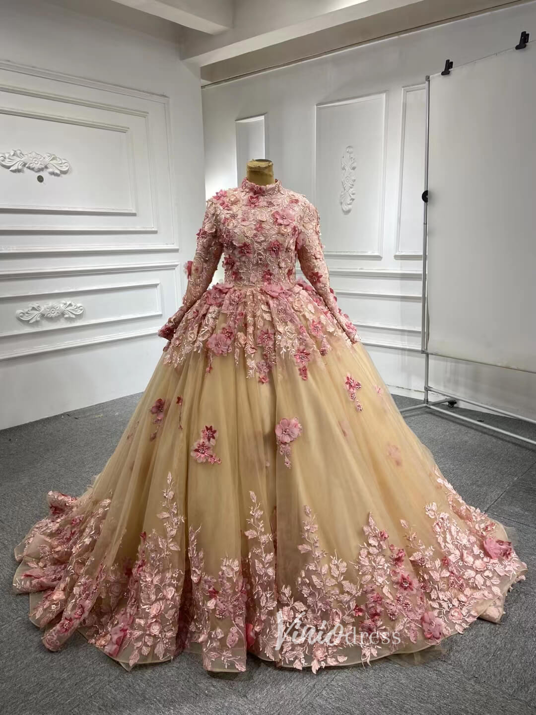 Pink 3D Flower Sweet 15 Dress Off the Shoulder Ball Gown Quince Dress 67469-Quinceanera Dresses 2025 -Viniodress-Pink-60cm-Custom Size