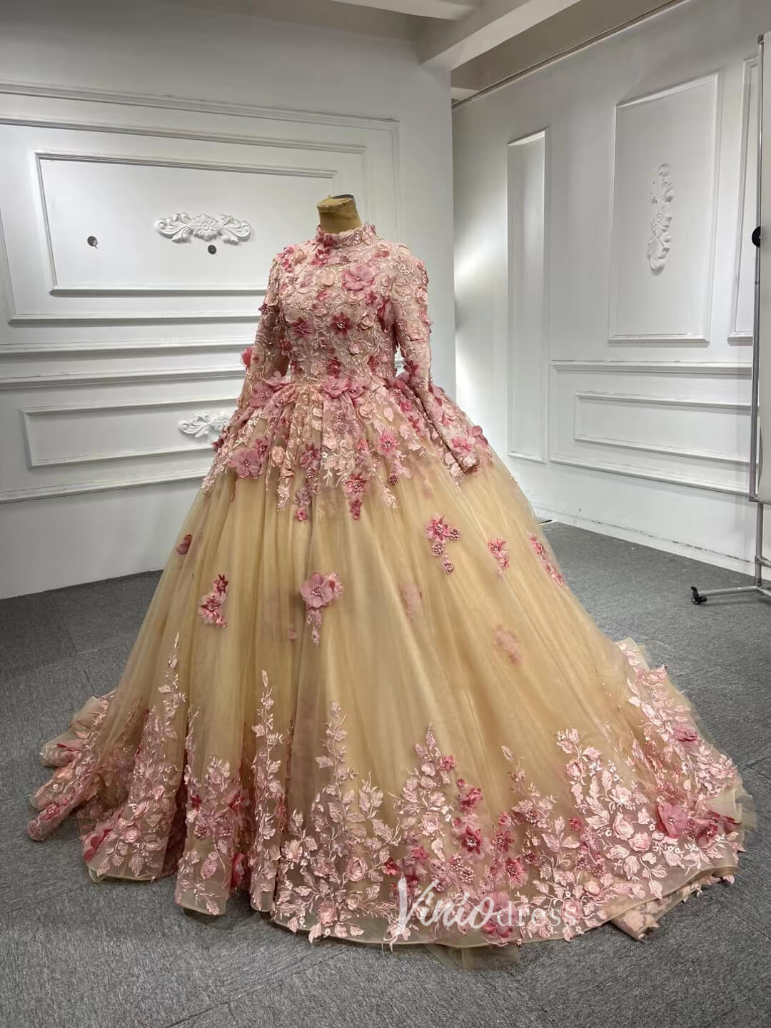 Pink 3D Flower Sweet 15 Dress Off the Shoulder Ball Gown Quince Dress 67469-Quinceanera Dresses 2025 -Viniodress-Pink-60cm-Custom Size