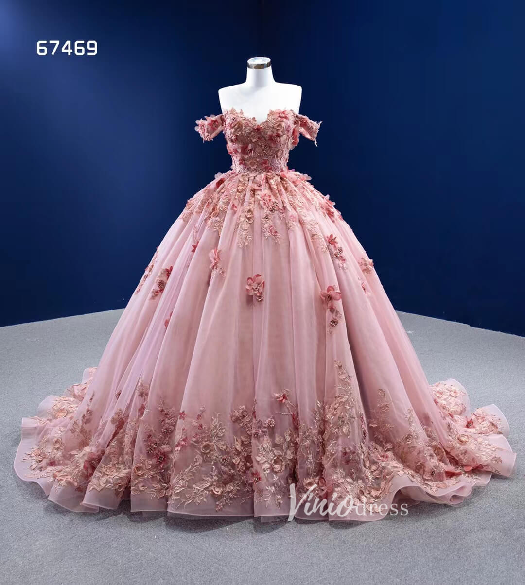 Pink 3D Flower Sweet 15 Dress Off the Shoulder Ball Gown Quince Dress 67469-Quinceanera Dresses 2025 -Viniodress-Pink-60cm-Custom Size