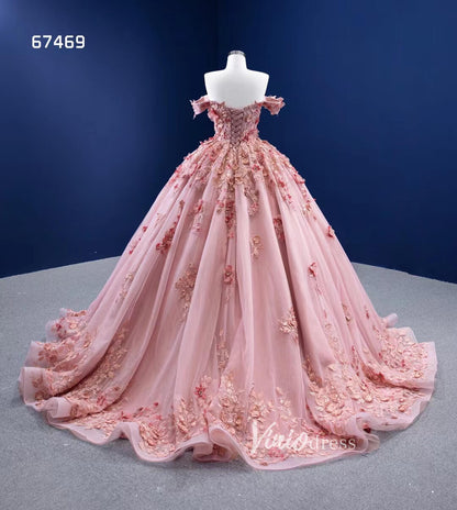Pink 3D Flower Sweet 15 Dress Off the Shoulder Ball Gown Quince Dress 67469-Quinceanera Dresses 2025 -Viniodress-Pink-60cm-Custom Size