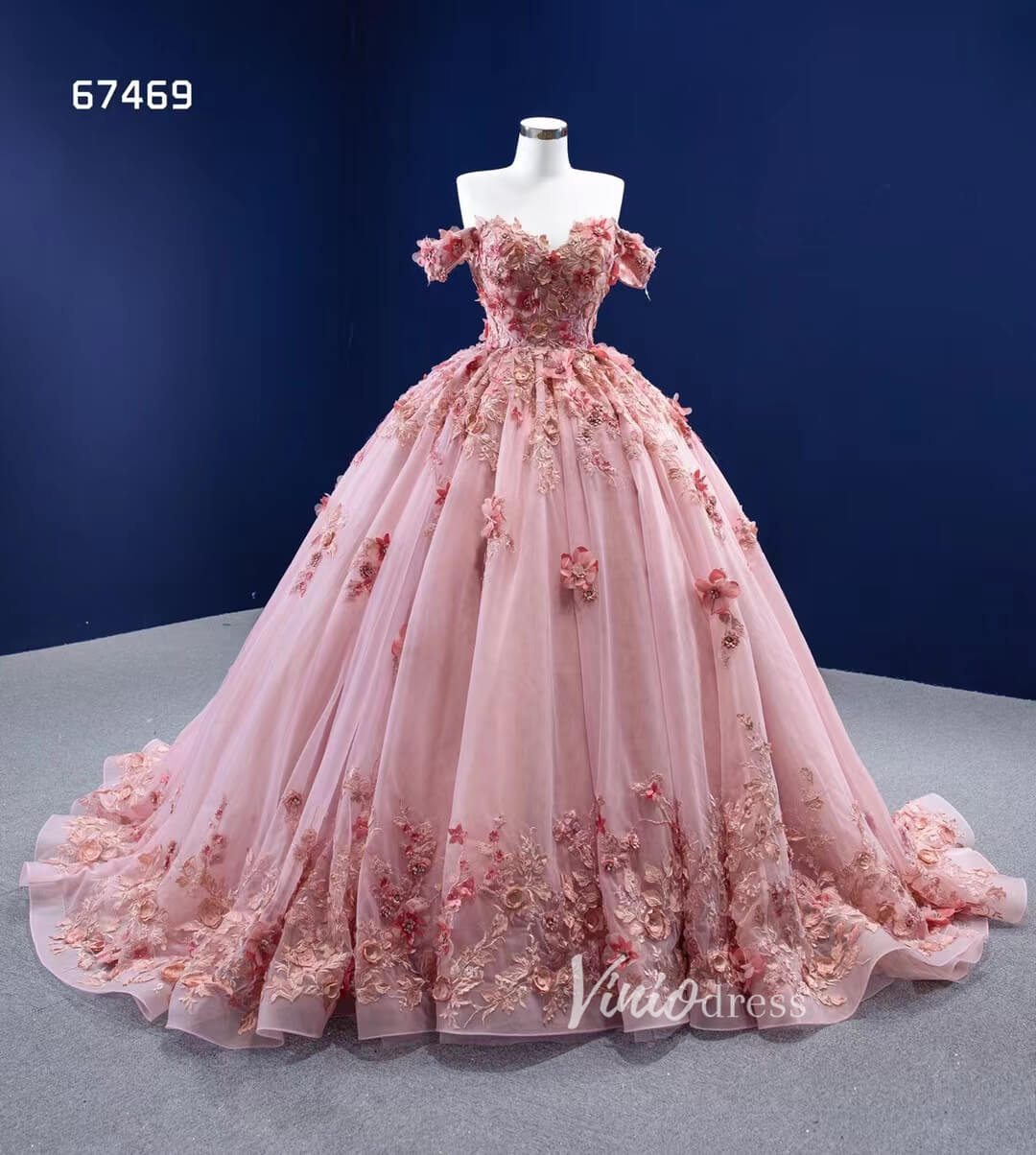 Pink 3D Flower Sweet 15 Dress Off the Shoulder Ball Gown Quince Dress 67469-Quinceanera Dresses 2025 -Viniodress-Pink-60cm-Custom Size