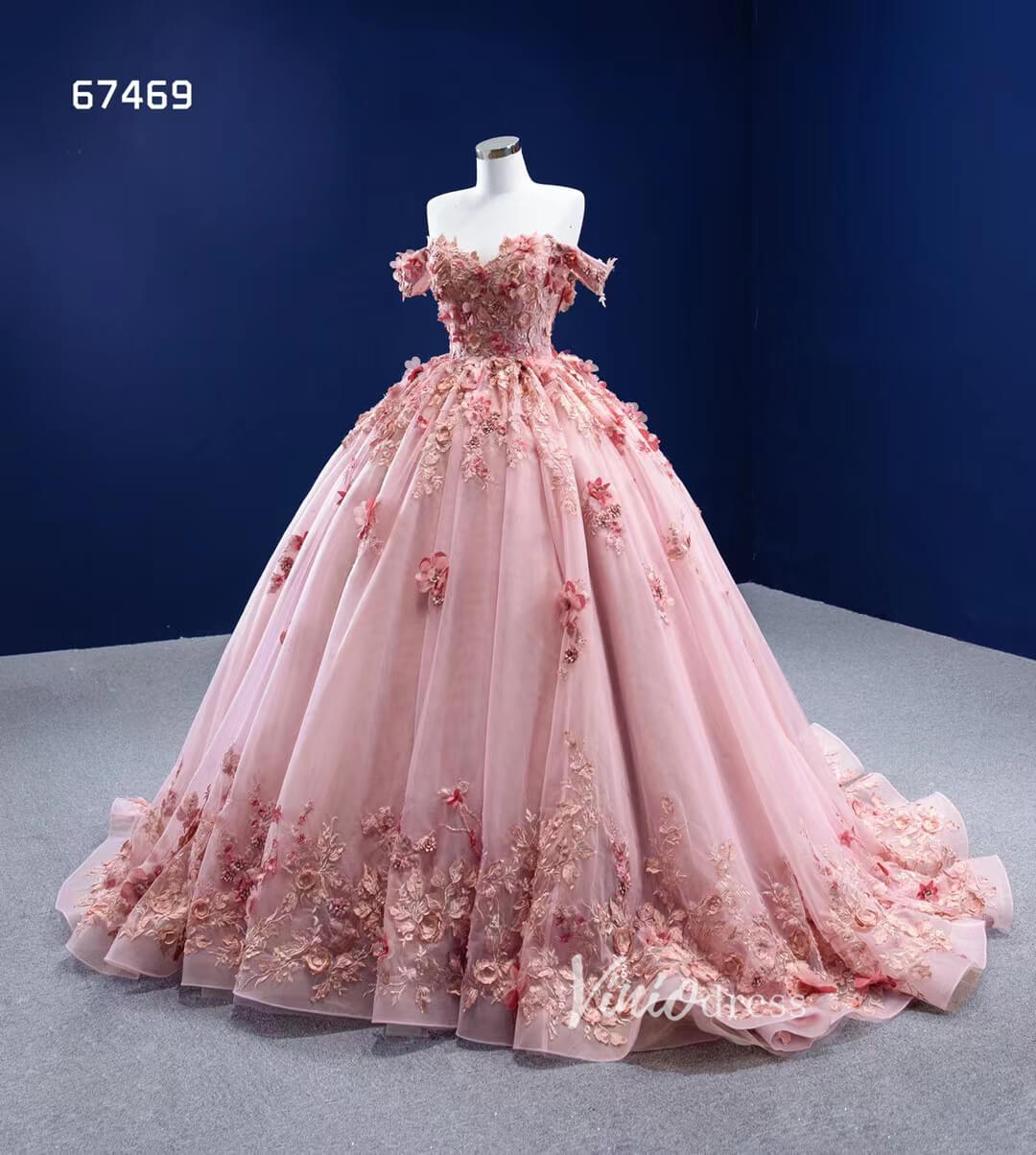 Pink 3D Flower Sweet 15 Dress Off the Shoulder Ball Gown Quince Dress 67469-Quinceanera Dresses 2025 -Viniodress-Pink-60cm-Custom Size