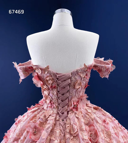 Pink 3D Flower Sweet 15 Dress Off the Shoulder Ball Gown Quince Dress 67469-Quinceanera Dresses 2025 -Viniodress-Pink-60cm-Custom Size