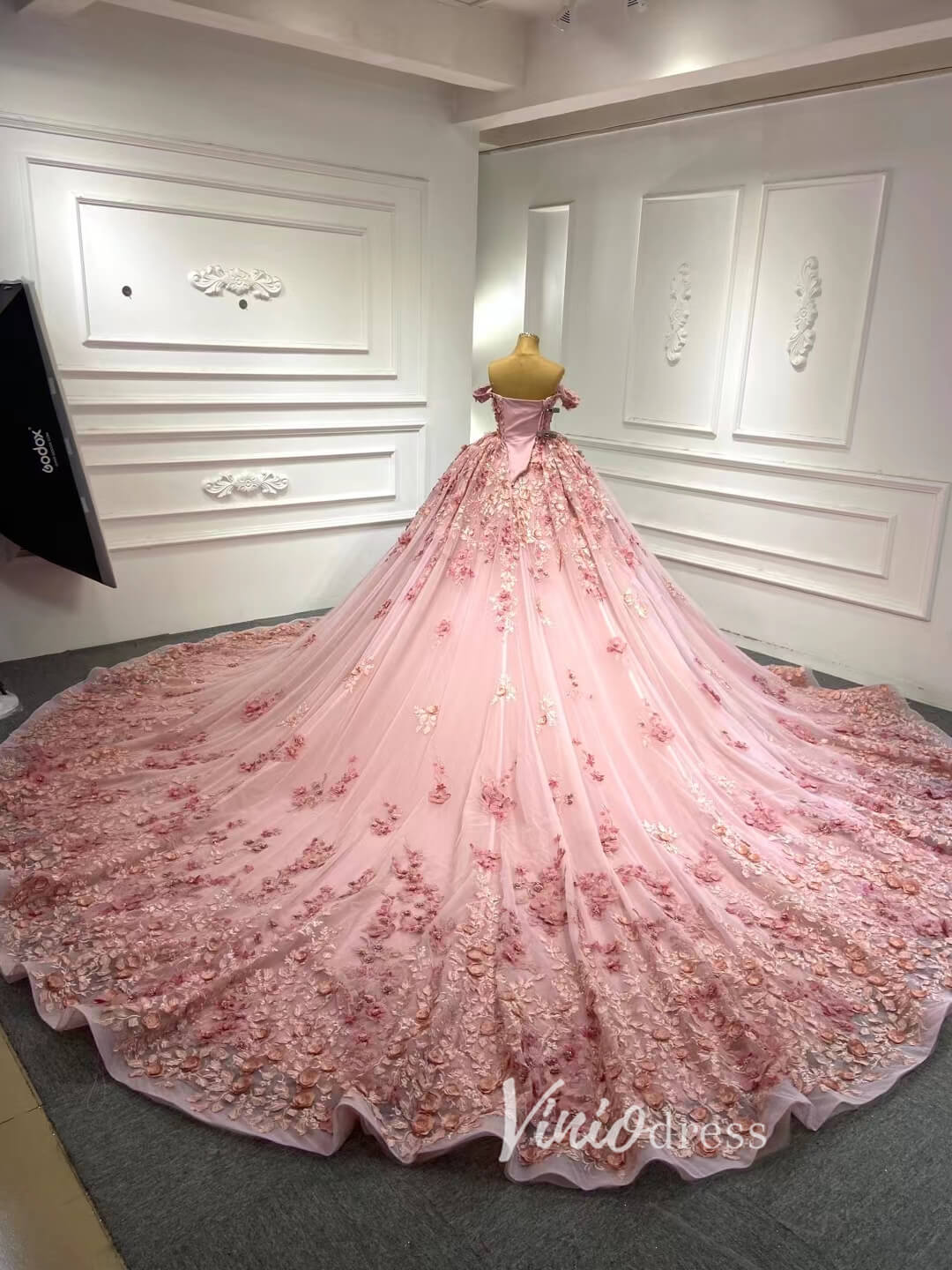 Pink 3D Flower Sweet 15 Dress Off the Shoulder Ball Gown Quince Dress 67469-Quinceanera Dresses 2025 -Viniodress-Pink-60cm-Custom Size