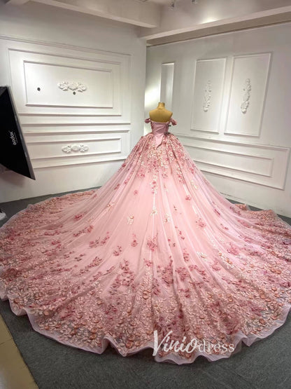 Pink 3D Flower Sweet 15 Dress Off the Shoulder Ball Gown Quince Dress 67469-Quinceanera Dresses 2025 -Viniodress-Pink-60cm-Custom Size