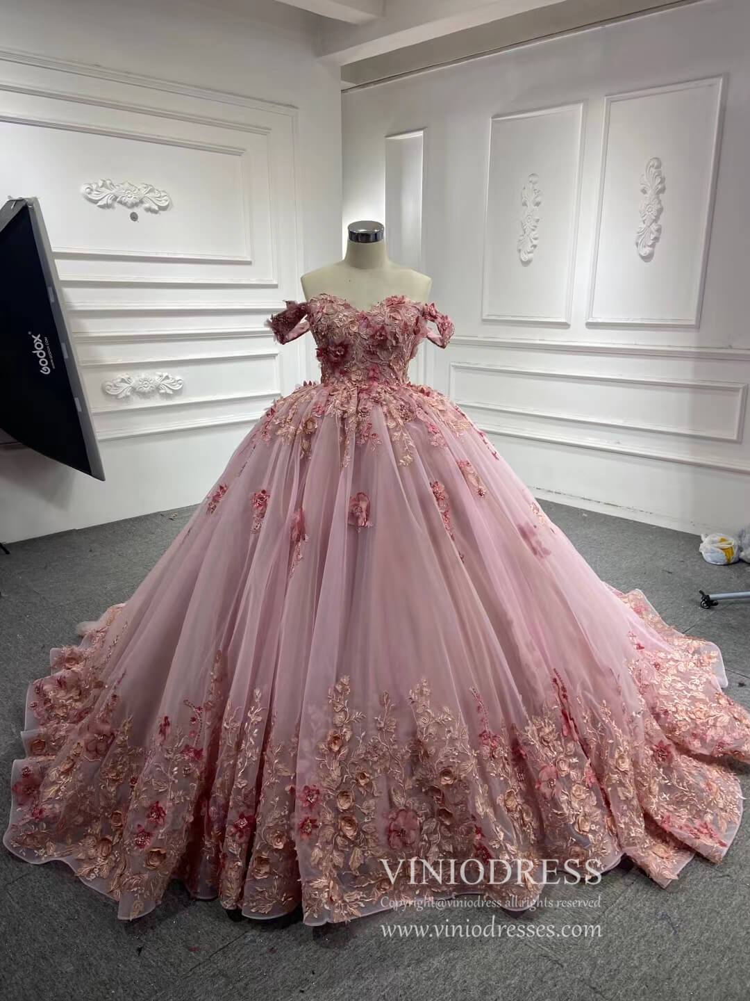 Pink 3D Flower Sweet 15 Dress Off the Shoulder Ball Gown Quince Dress 67469-Quinceanera Dresses 2025 -Viniodress-Pink-60cm-Custom Size