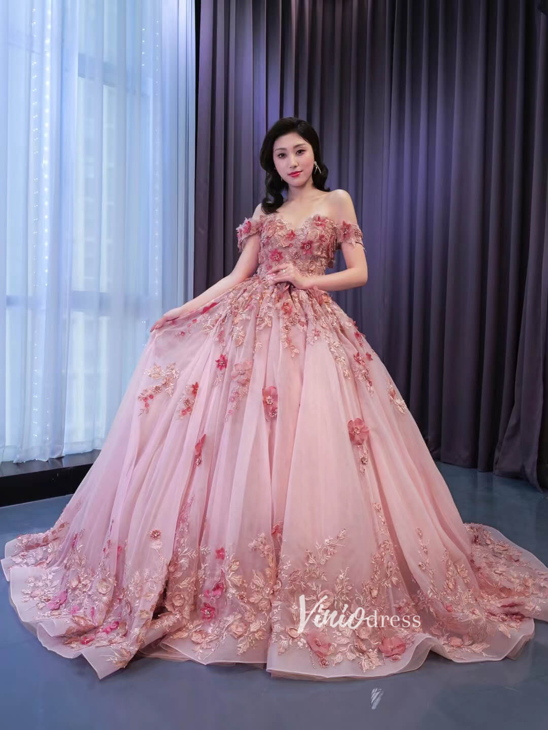 Pink 3D Flower Sweet 15 Dress Off the Shoulder Ball Gown Quince Dress 67469-Quinceanera Dresses-Viniodress-Pink-60cm-Custom Size-Viniodress