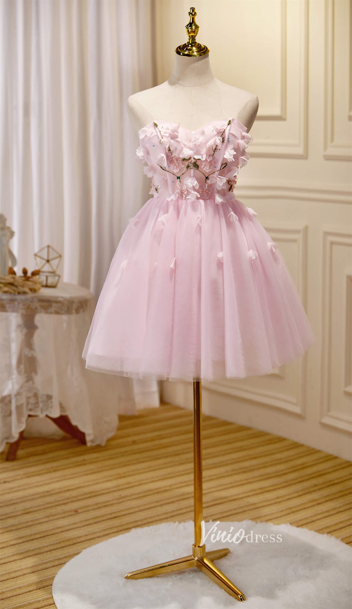 Pink 3D Flower Tulle Hoco Dresses Strapless Graduation Dresses SD1535-Dresses-Viniodress-Blush-Custom Size-Viniodress