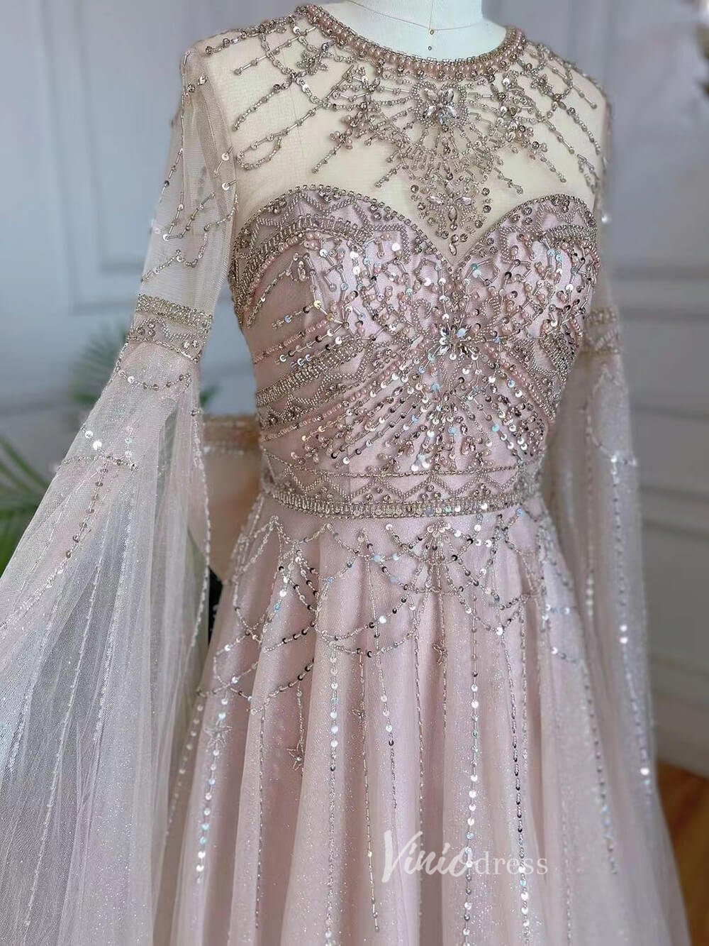 Pink Beaded A-line Prom Dresses Extra Long Sleeve Evening Dress 20068-prom dresses-Viniodress-Viniodress