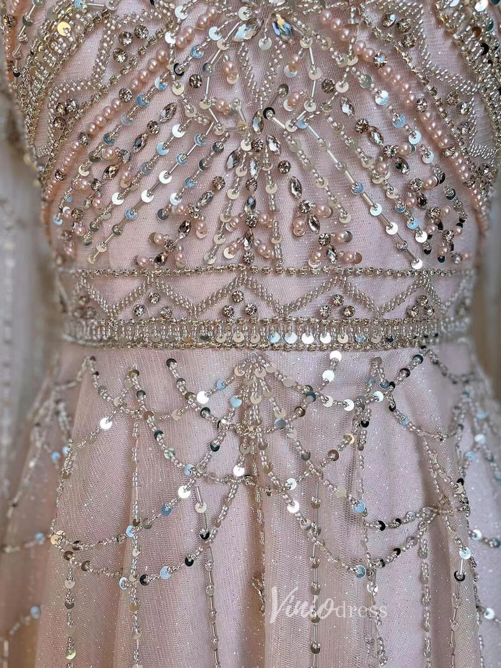 Pink Beaded A-line Prom Dresses Extra Long Sleeve Evening Dress 20068-prom dresses-Viniodress-Viniodress