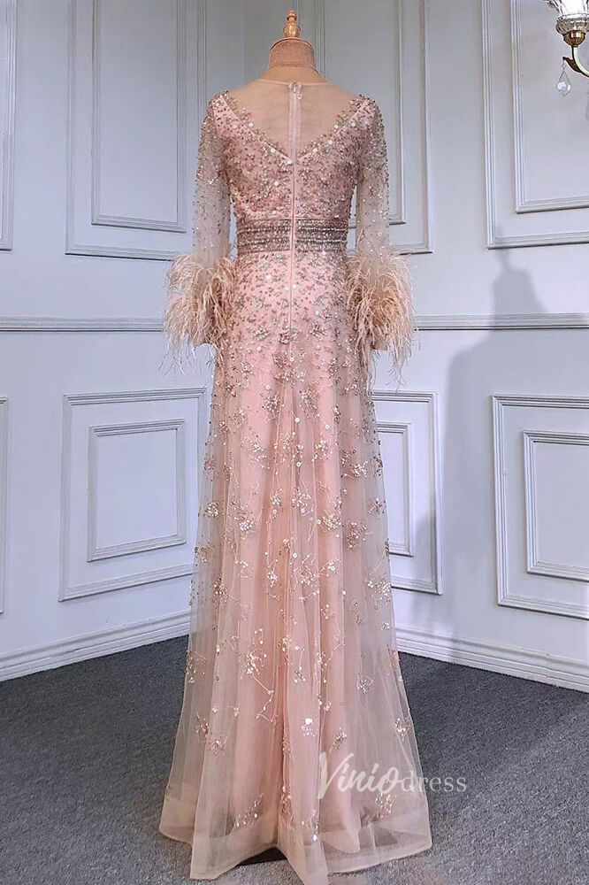 Pink Beaded Evening Dresses Long Sleeves Feather Prom Dress FD3020