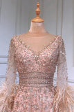 Pink Beaded Evening Dresses Long Sleeves Feather Prom Dress FD3020-prom dresses-Viniodress-Viniodress