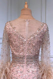 Pink Beaded Evening Dresses Long Sleeves Feather Prom Dress FD3020-prom dresses-Viniodress-Viniodress