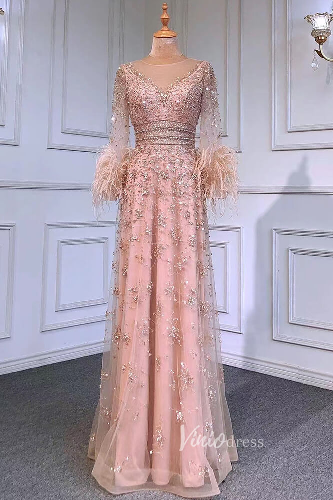 Pink Beaded Evening Dresses Long Sleeves Feather Prom Dress FD3020-prom dresses-Viniodress-Pink-US 2-Viniodress