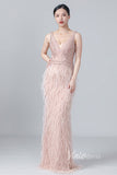 Pink Beaded Feather Mermaid Prom Dresses V-neck FD2614-Prom Dresses-VINIODRESS-Viniodress