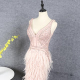 Pink Beaded Feather Mermaid Prom Dresses V-neck FD2614-Prom Dresses-VINIODRESS-Viniodress