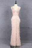 Pink Beaded Feather Mermaid Prom Dresses V-neck FD2614
