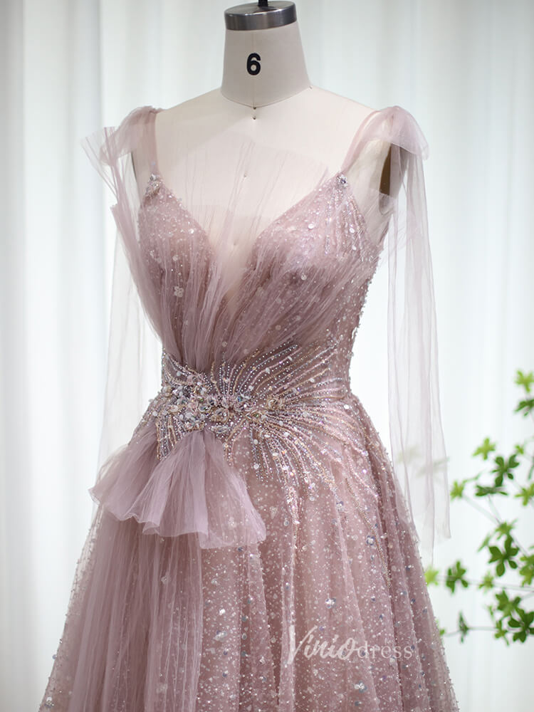 Pink Beaded Shimmer Prom Dresses Dusty Blue Evening Dress 20097-prom dresses-Viniodress-Viniodress