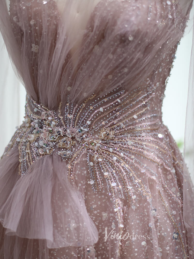 Pink Beaded Shimmer Prom Dresses Dusty Blue Evening Dress 20097-prom dresses-Viniodress-Viniodress