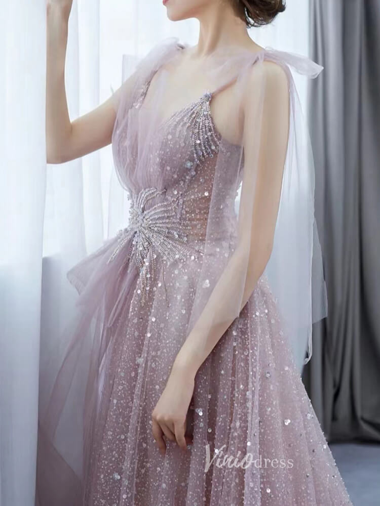 Pink Beaded Shimmer Prom Dresses Dusty Blue Evening Dress 20097-prom dresses-Viniodress-Viniodress