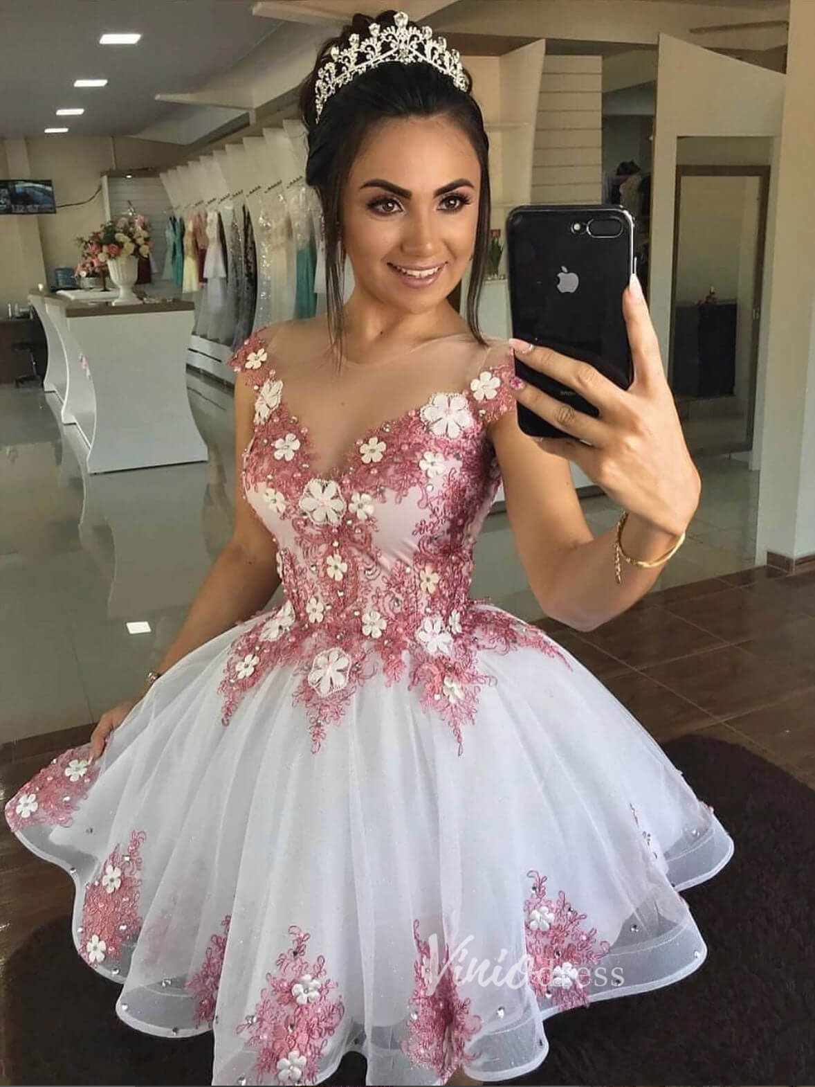 Pink Floral Short Prom Dress Lace Appliqued Homecoming Dresses SD1543 –  Viniodress