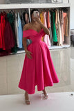 Pink Midi Length Formal Dress Off the Shoulder Prom Dresses FD2992-prom dresses-Viniodress-Viniodress