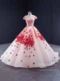 Pink Ombre Ball Gown Quince Dresses Red 3D Flower, Off the Shoulder Princess Dress FD1142
