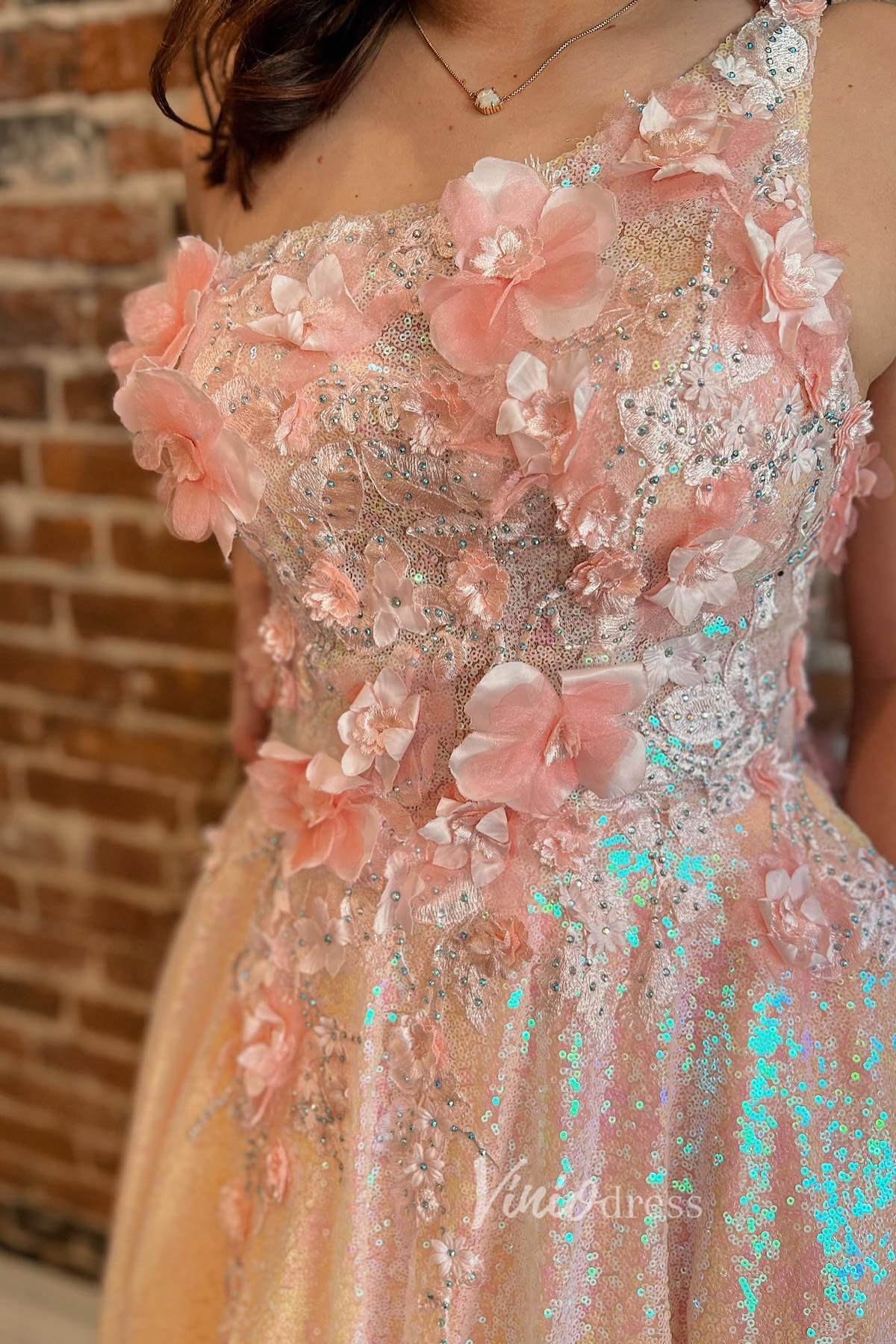 Pink One-Shoulder Sequin Prom Dress with 3D Flowers and Convenient Pockets FD3471-prom dresses-Viniodress-Viniodress