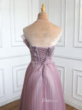 Pink Pleated Tulle Prom Dresses Strapless Beaded Evening Gowns 20047-prom dresses-Viniodress-Viniodress