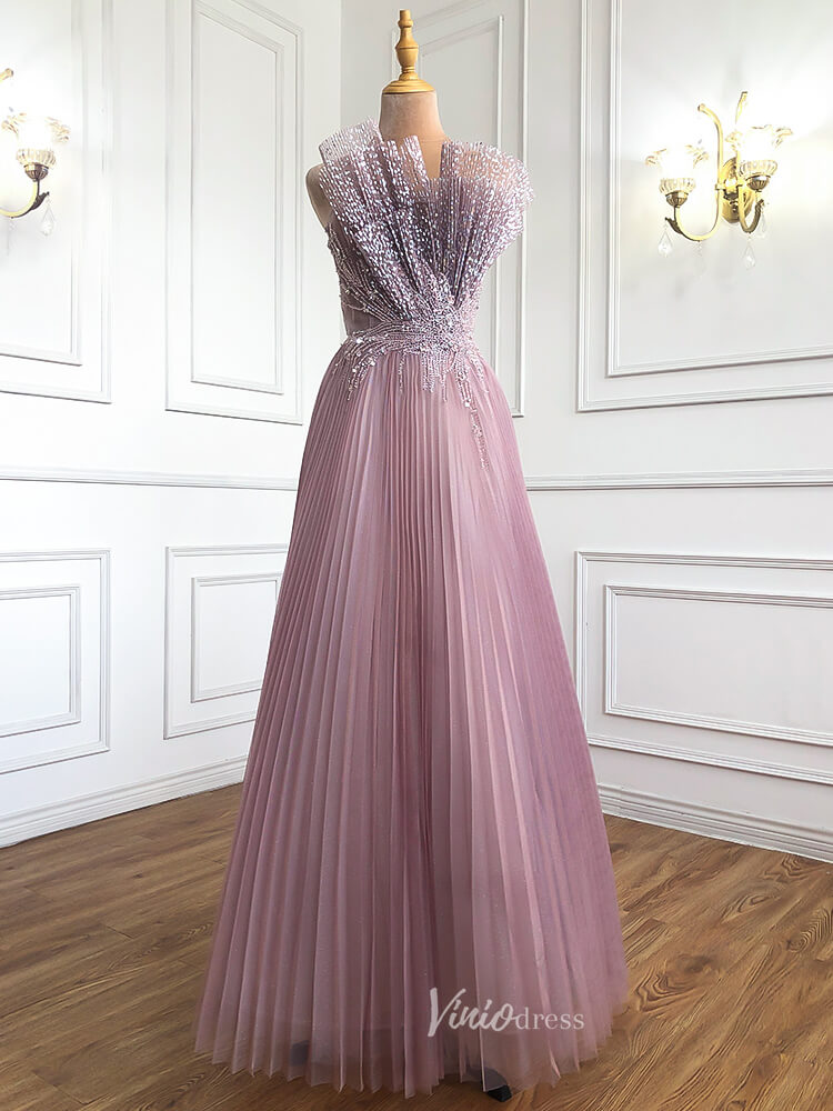 Pink Pleated Tulle Prom Dresses Strapless Beaded Evening Gowns 20047-prom dresses-Viniodress-Pink-US 2-Viniodress