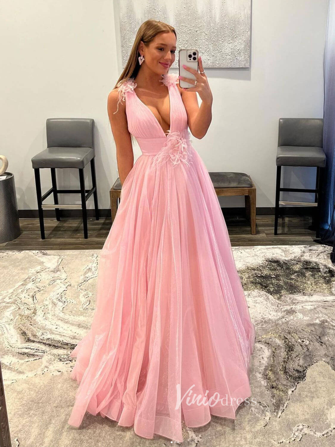 Pink Plunging V-Neck Prom Dresses Feathers Evening Dress FD3034-prom dresses-Viniodress-Pink-Custom Size-Viniodress