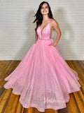 Pink Plunging V-Neck Prom Dresses Spaghetti Strap Evening Dress FD3092