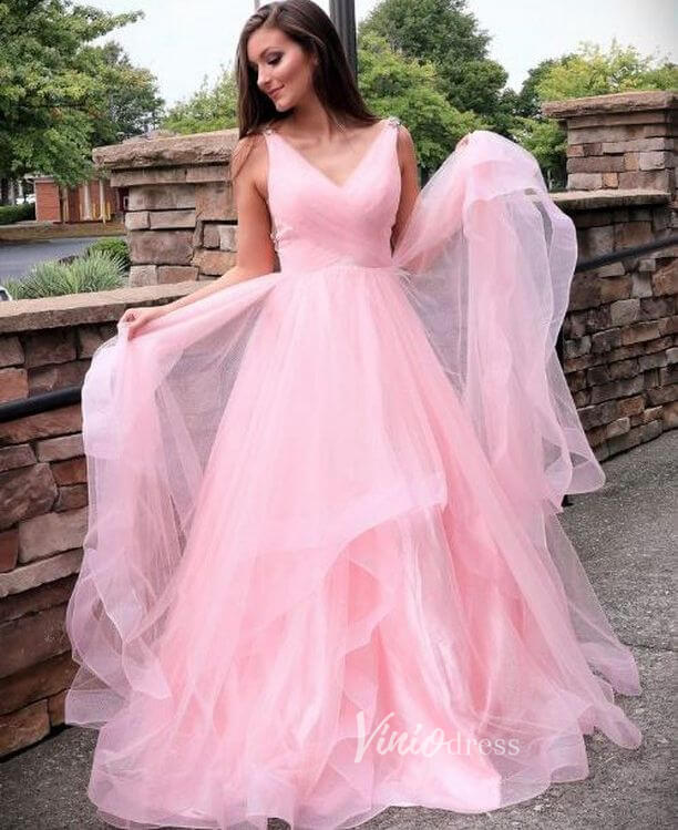 Pink Ruffle Tulle Prom Dresses Long Formal Dress FD2942B-prom dresses-Viniodress-Pink-Custom Size-Viniodress
