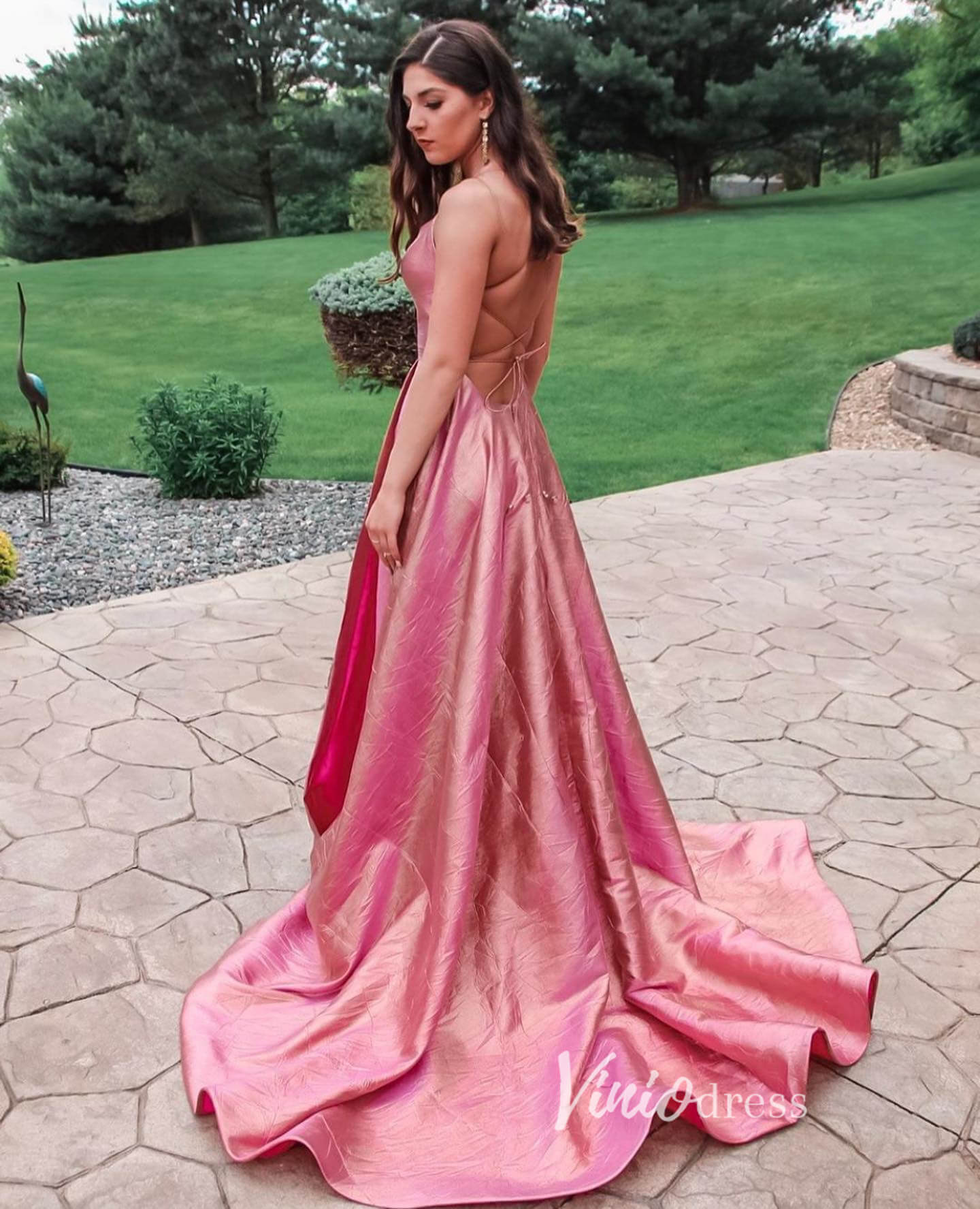 Pink Satin Prom Dresses Spaghetti Strap Evening Dress FD3329-prom dresses-Viniodress-Pink-Custom Size-Viniodress