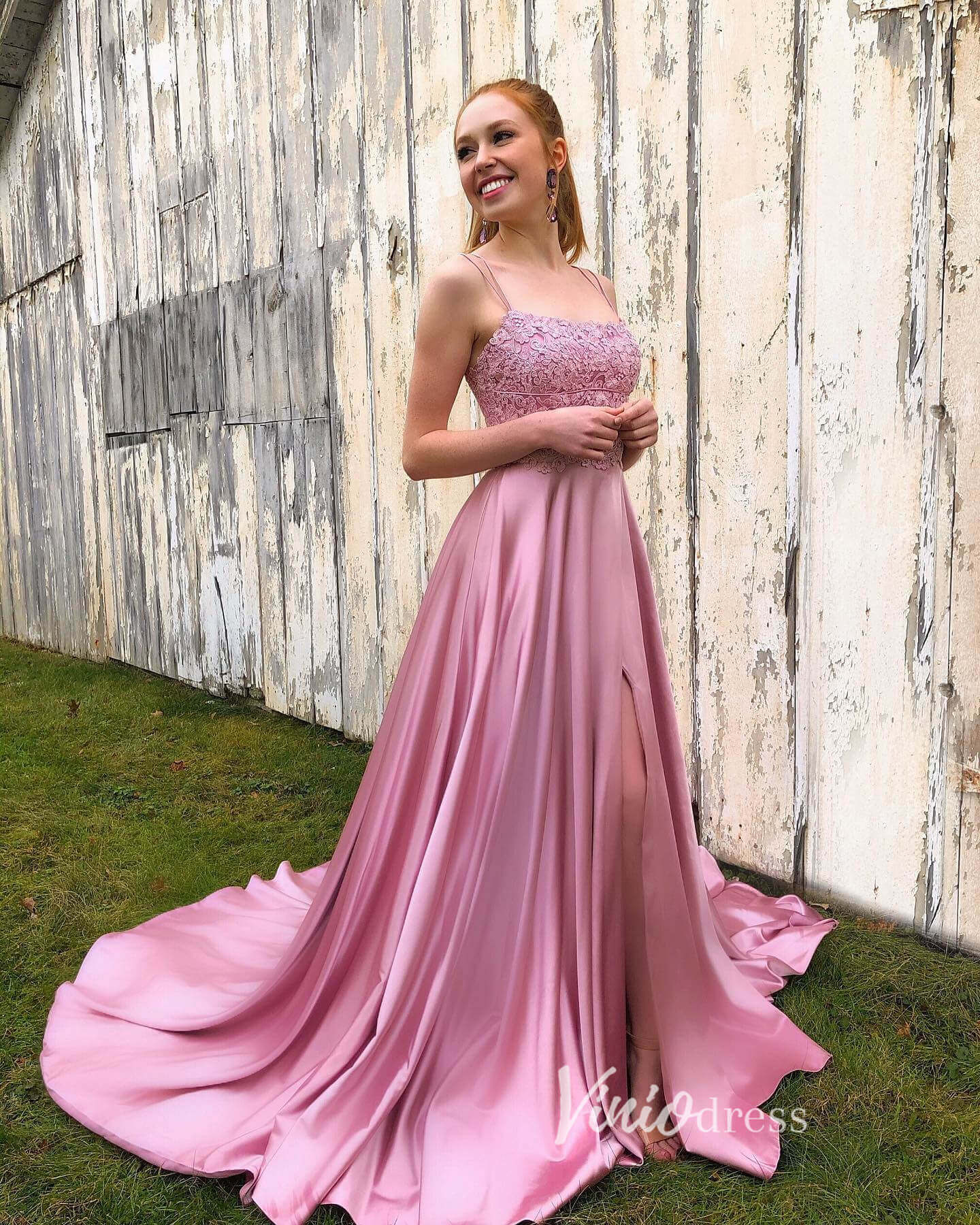 Pink Satin Prom Dresses with Slit Spaghetti Strap Evening Dress FD3347-prom dresses-Viniodress-Pink-Custom Size-Viniodress
