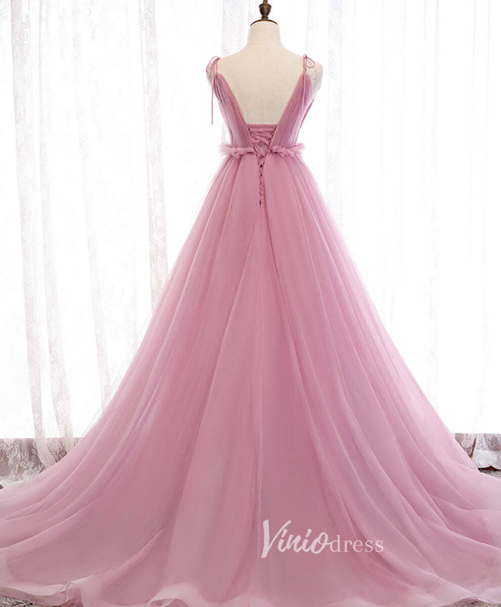 Pink Spaghetti Strap Prom Dresses Plunging V-Neck Pleated Evening Dress FD3165-prom dresses-Viniodress-Viniodress