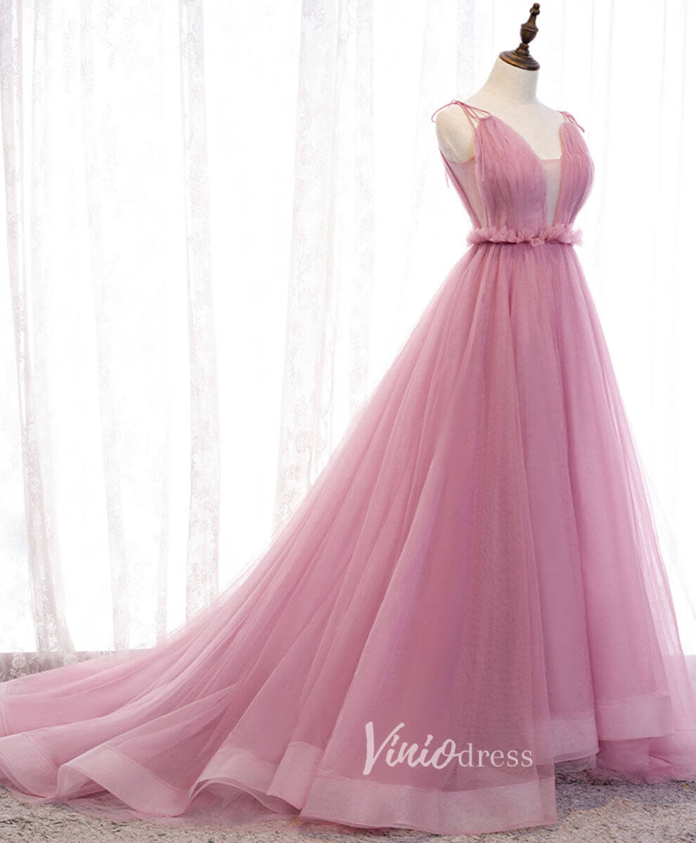 Pink Spaghetti Strap Prom Dresses Plunging V-Neck Pleated Evening Dress FD3165-prom dresses-Viniodress-Pink-Custom Size-Viniodress