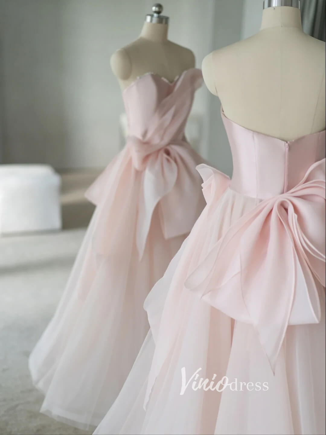 Pink Strapless Satin Prom Dresses Bow-Tie Formal Gown FD3416-prom dresses-Viniodress-Viniodress