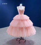 Pink Tea Length Prom Dress Tiered Tulle Evening Dress 67307B-prom dresses-Viniodress-Viniodress