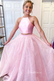 Pink Two Piece Prom Dresses Halter Neck Sparkly Tulle Evening Dress FD3065