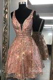 Pink V-neck Glittering Homecoming Dresses SD1180