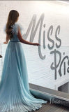 Pleated Baby Blue Prom Dress Feather Formal Gown FD1270