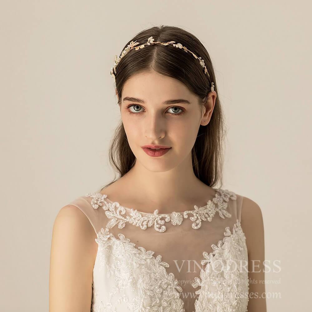 Pretty Gold Leaf and Blossom Headband AC1191-Headpieces 2025 -Viniodress-Headband-