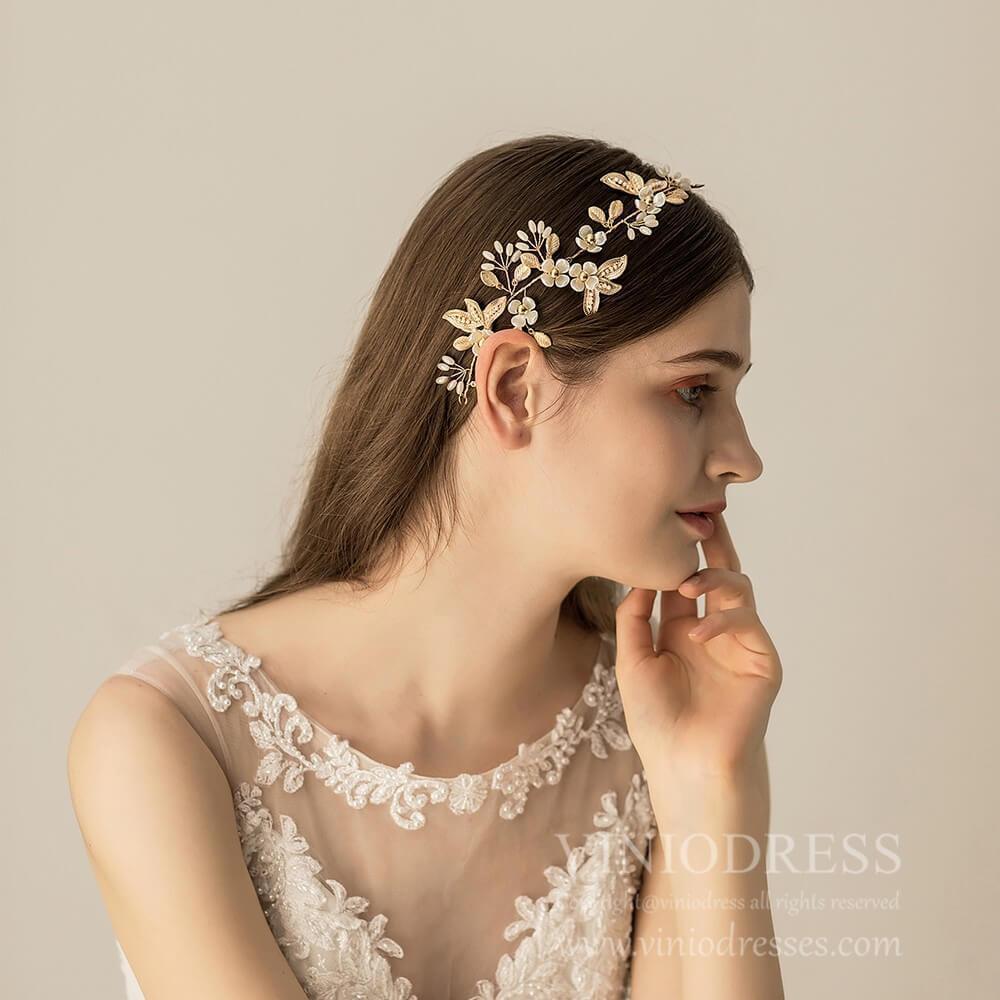 Pretty Gold Leaf and Blossom Headband AC1191-Headpieces 2025 -Viniodress-Headband-