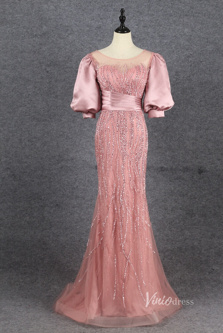 Puff Sleeve Mother of the Bride Dress Sheath Beaded Prom Dress 2022 FD2787-prom dresses-Viniodress-Pink-US 2-Viniodress