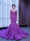 Purple Lace Mermaid Prom Dresses Long Sleeve Pageant Dress viniodress