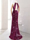 Purple Mermaid Sequin Prom Dresses Halter Neck Evening Dress FD3408-prom dresses-Viniodress-Viniodress