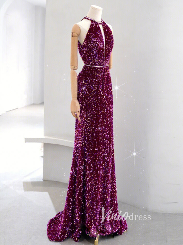 Purple Mermaid Sequin Prom Dresses Halter Neck Evening Dress FD3408-prom dresses-Viniodress-Viniodress