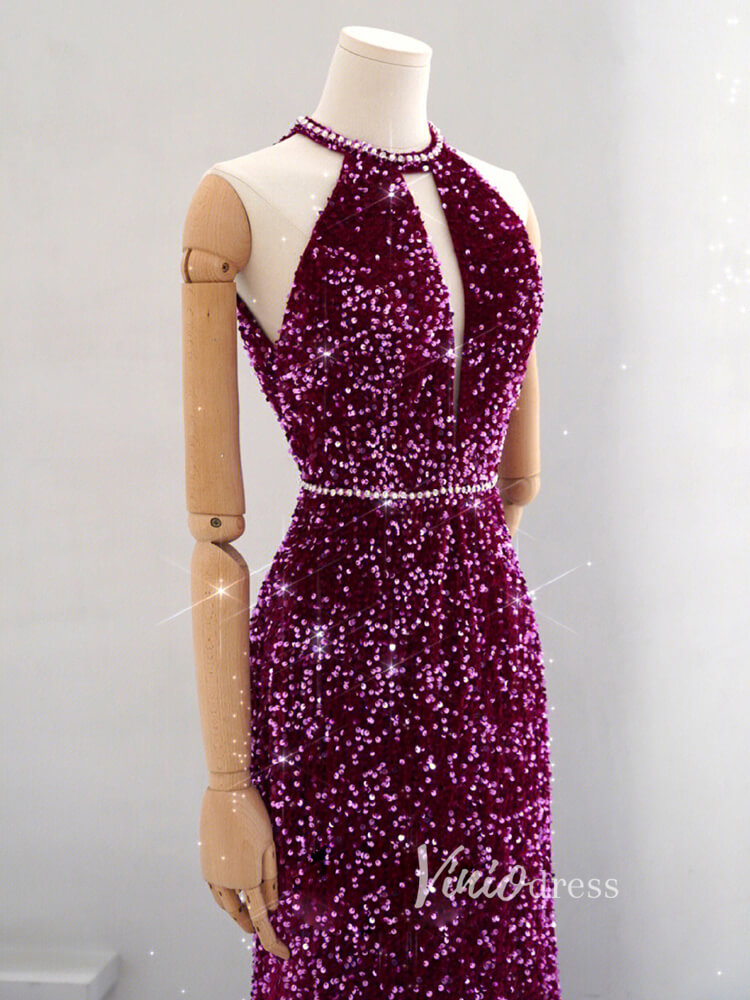 Purple Mermaid Sequin Prom Dresses Halter Neck Evening Dress FD3408-prom dresses-Viniodress-Viniodress