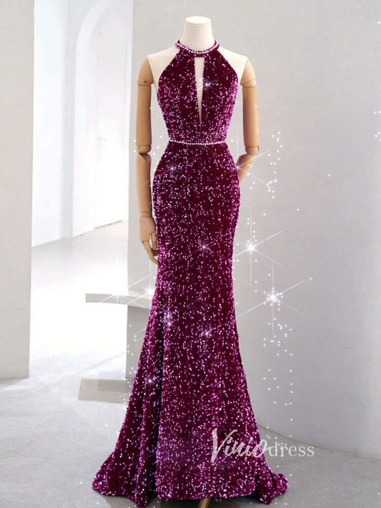 Purple Mermaid Sequin Prom Dresses Halter Neck Evening Dress FD3408-prom dresses-Viniodress-Purple-Custom Size-Viniodress